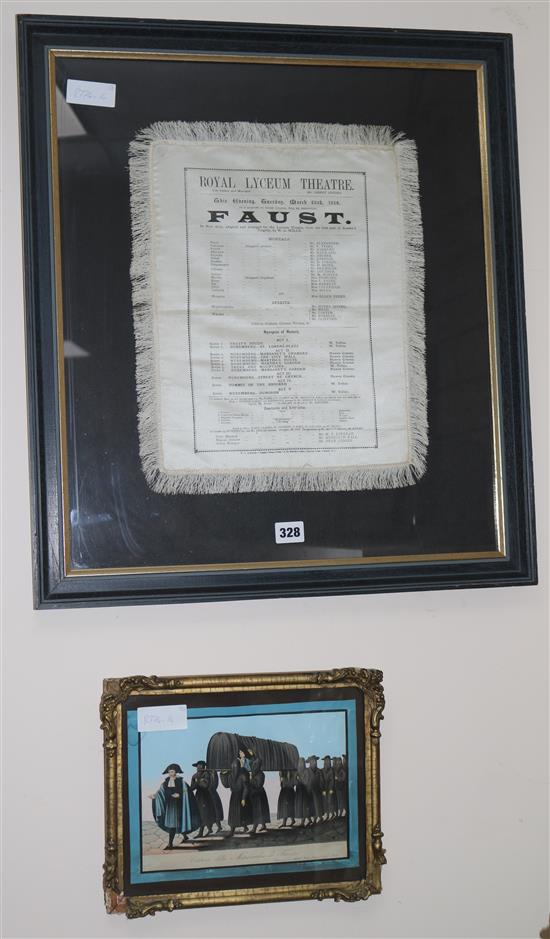 A hand tinted aquatint Costume della Misericordia DDI Firenze, and a Royal Lyceum theatre silk playbill 18 x 24cm and 35 x 27cm
